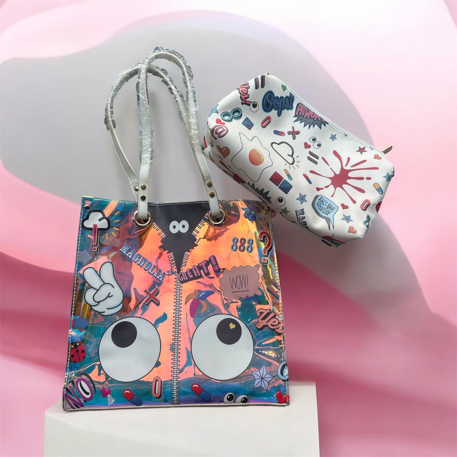 Pop Art Holographic Tote Bag Set with Matching Pouch