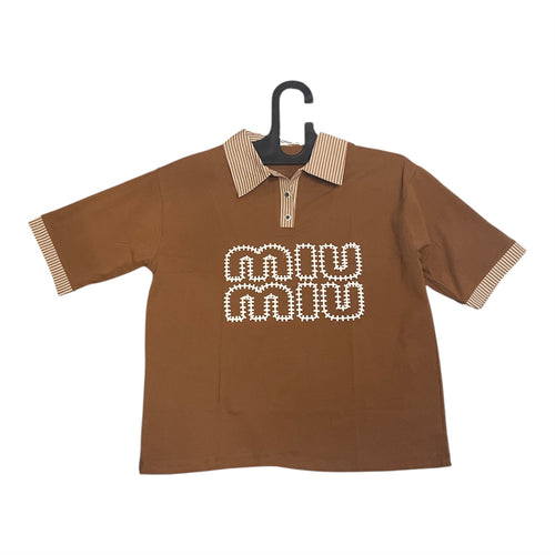 Brown Contrast Trim Polo T-Shirt for Women