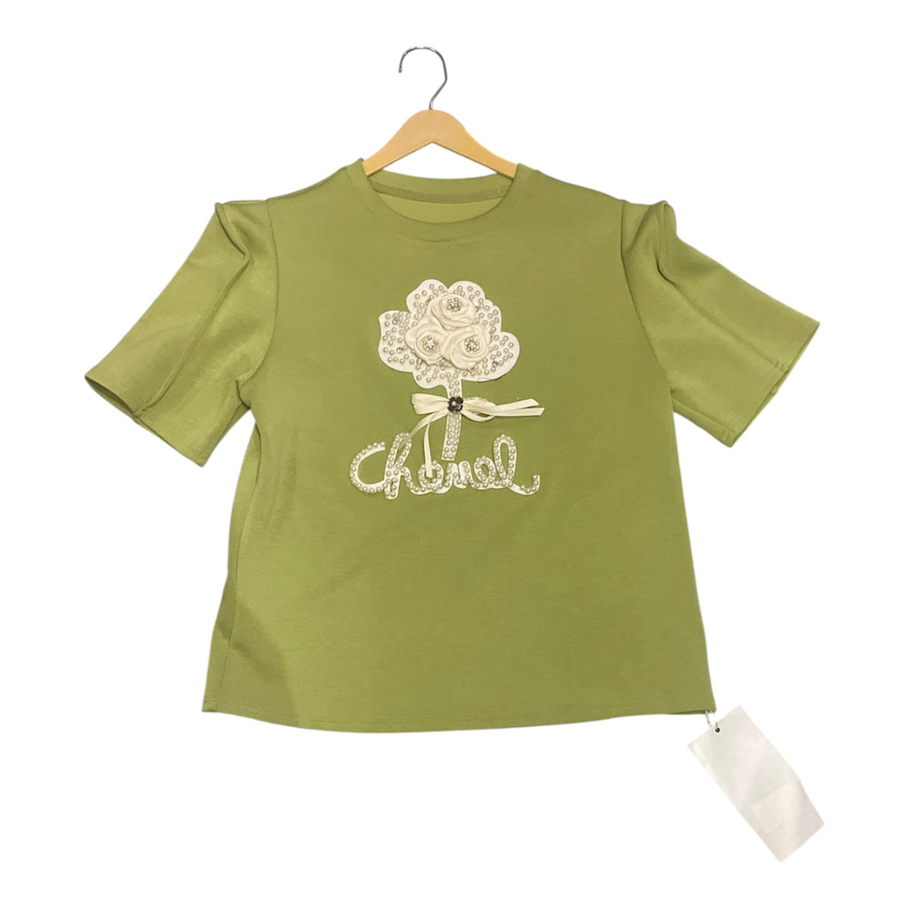 Botanical Pearl Embellished Tee – Olive