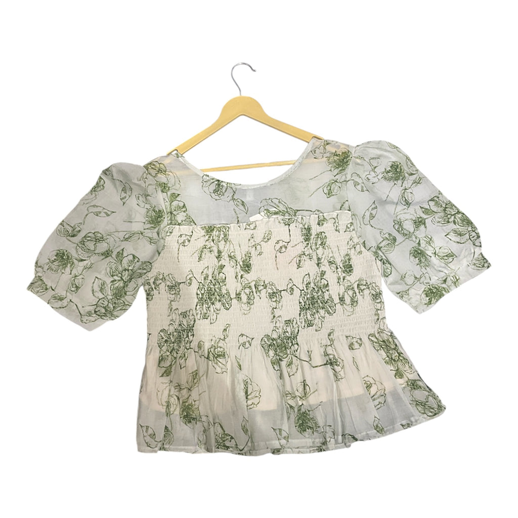 Ethereal Green Floral Toile Smocked Peplum top