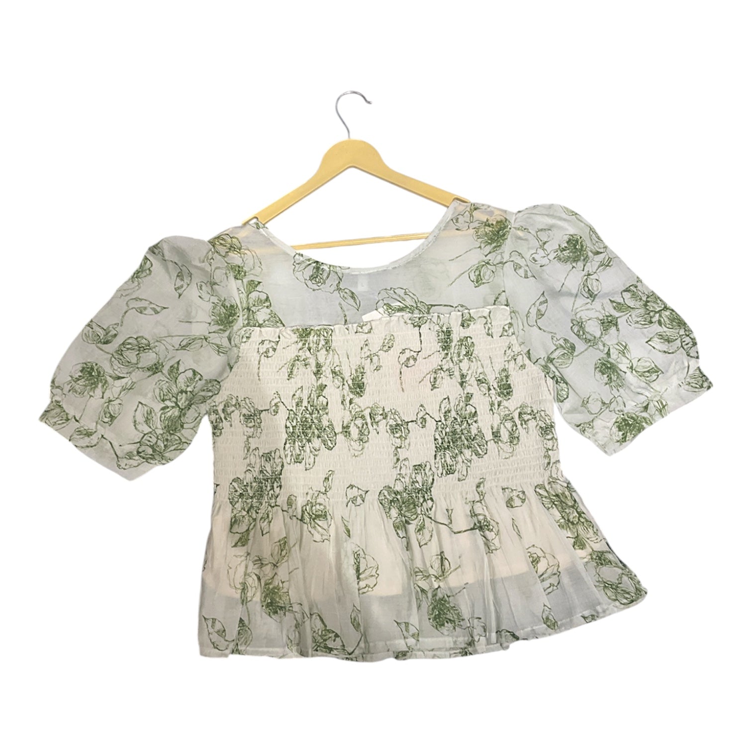 Ethereal Green Floral Toile Smocked Peplum top