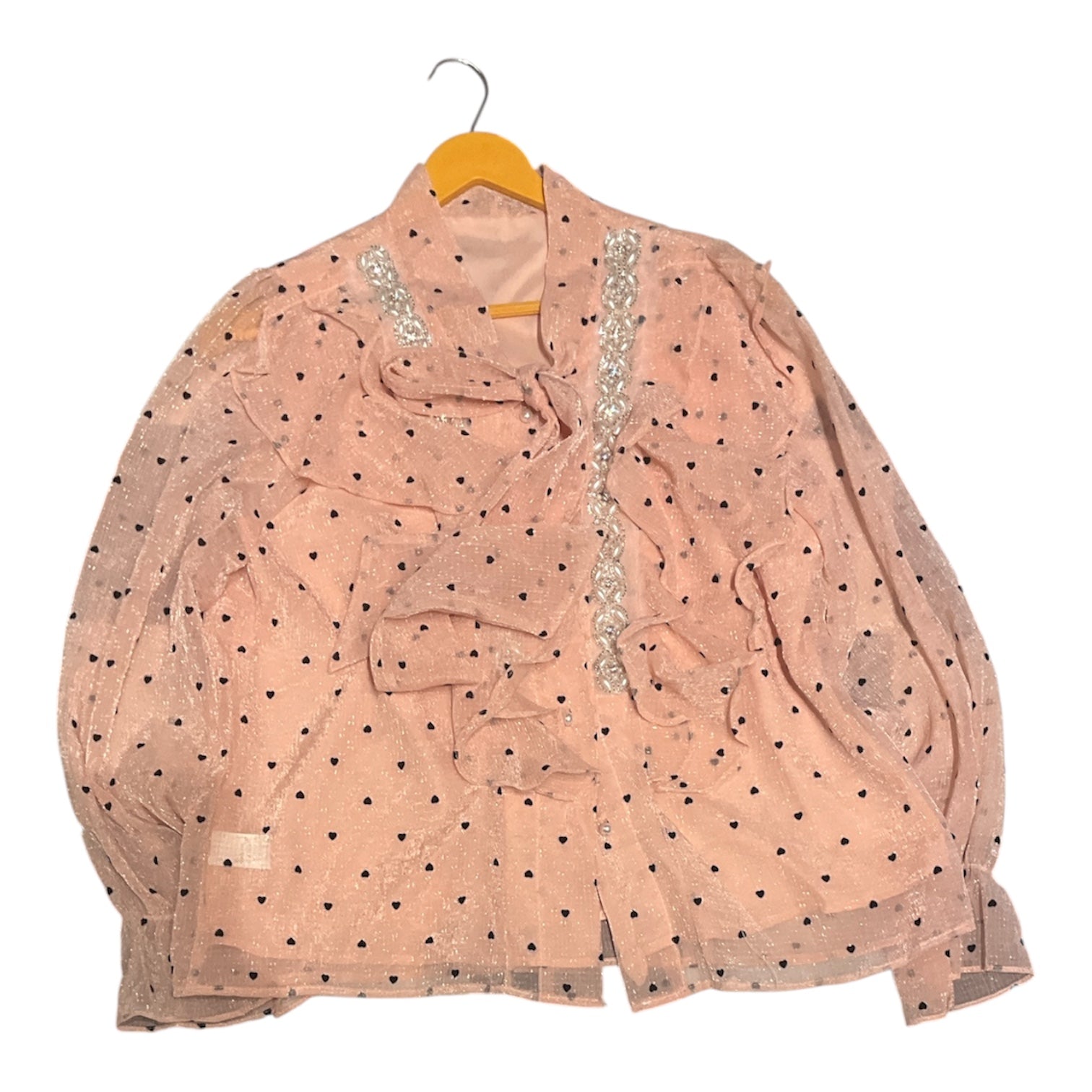 Romantic Embellished Heart-Print Ruffle