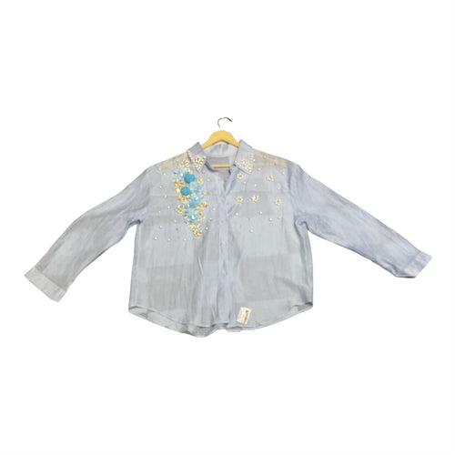 Artisanal Dusty Pink Crinkle Shirt with Cascade 3D Floral & Pearl Embellishments