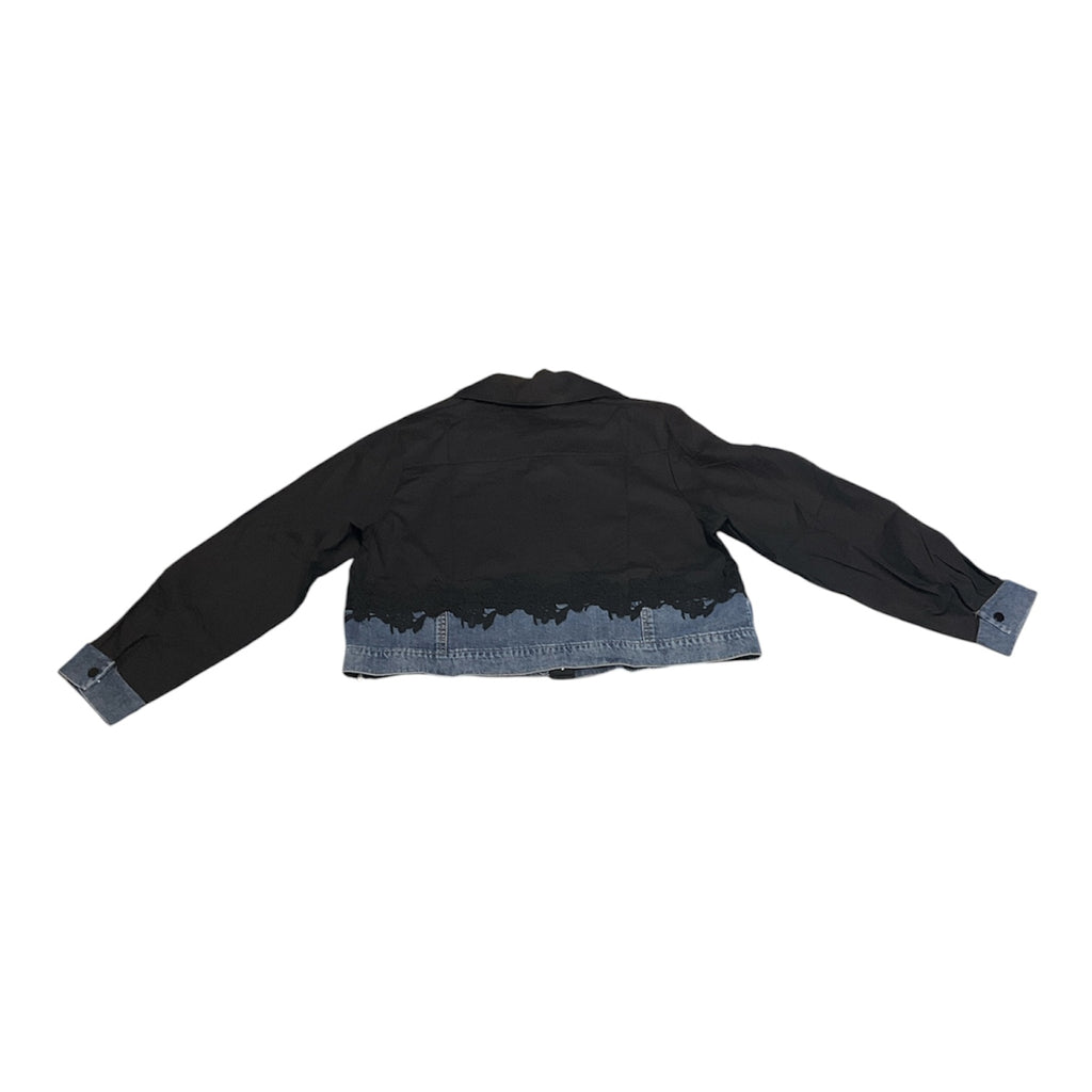 Edgy Two-Tone Denim Jacket with Floral Patchwork and Lace Trim