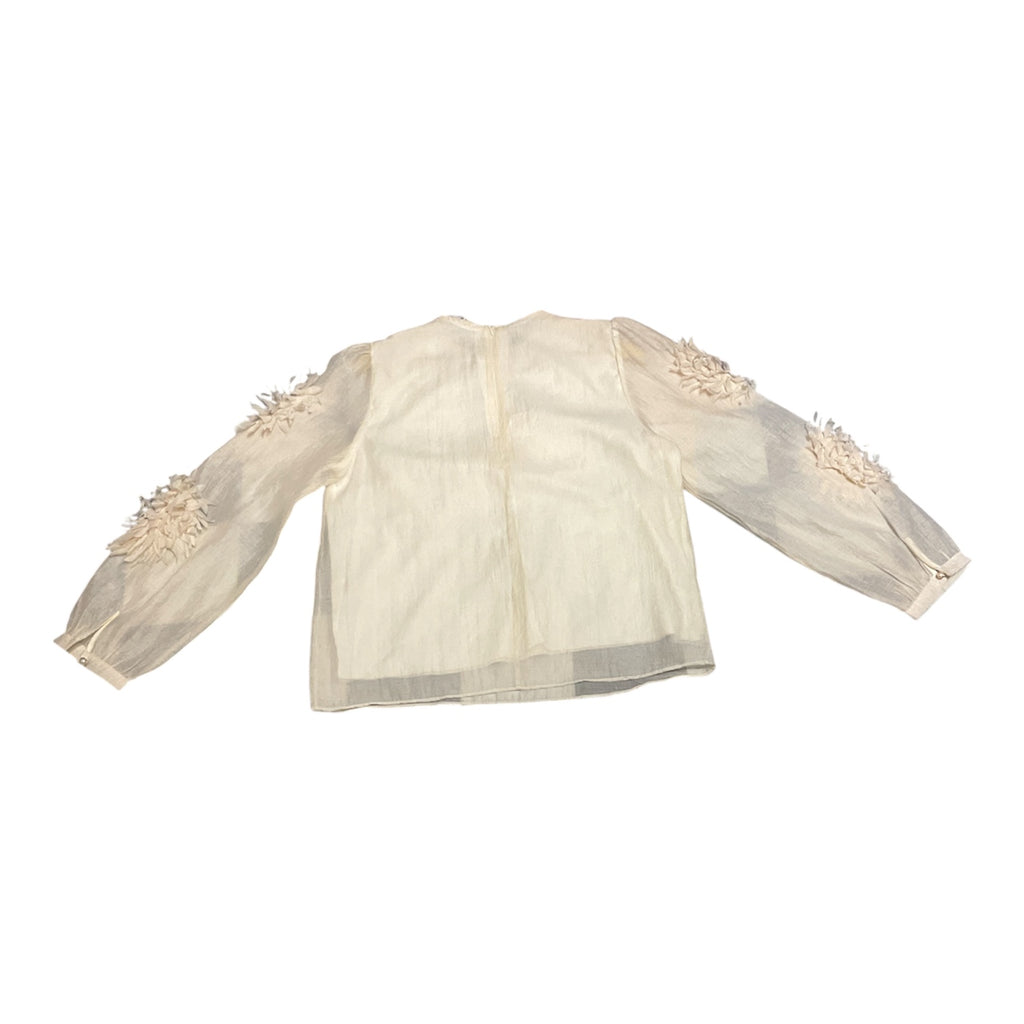 Elegant Cream Organza Blouse with Dimensional Floral Appliqués and Crystal Accents
