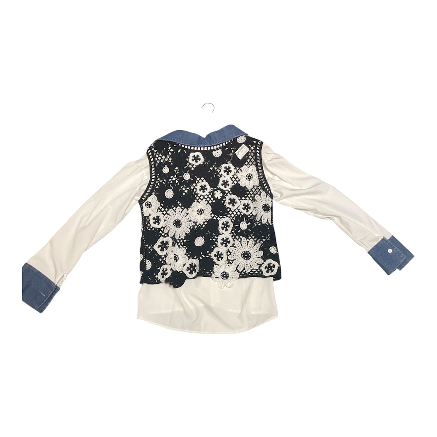 Sophisticated Mixed-Media Floral Crochet Vest Layered Shirt