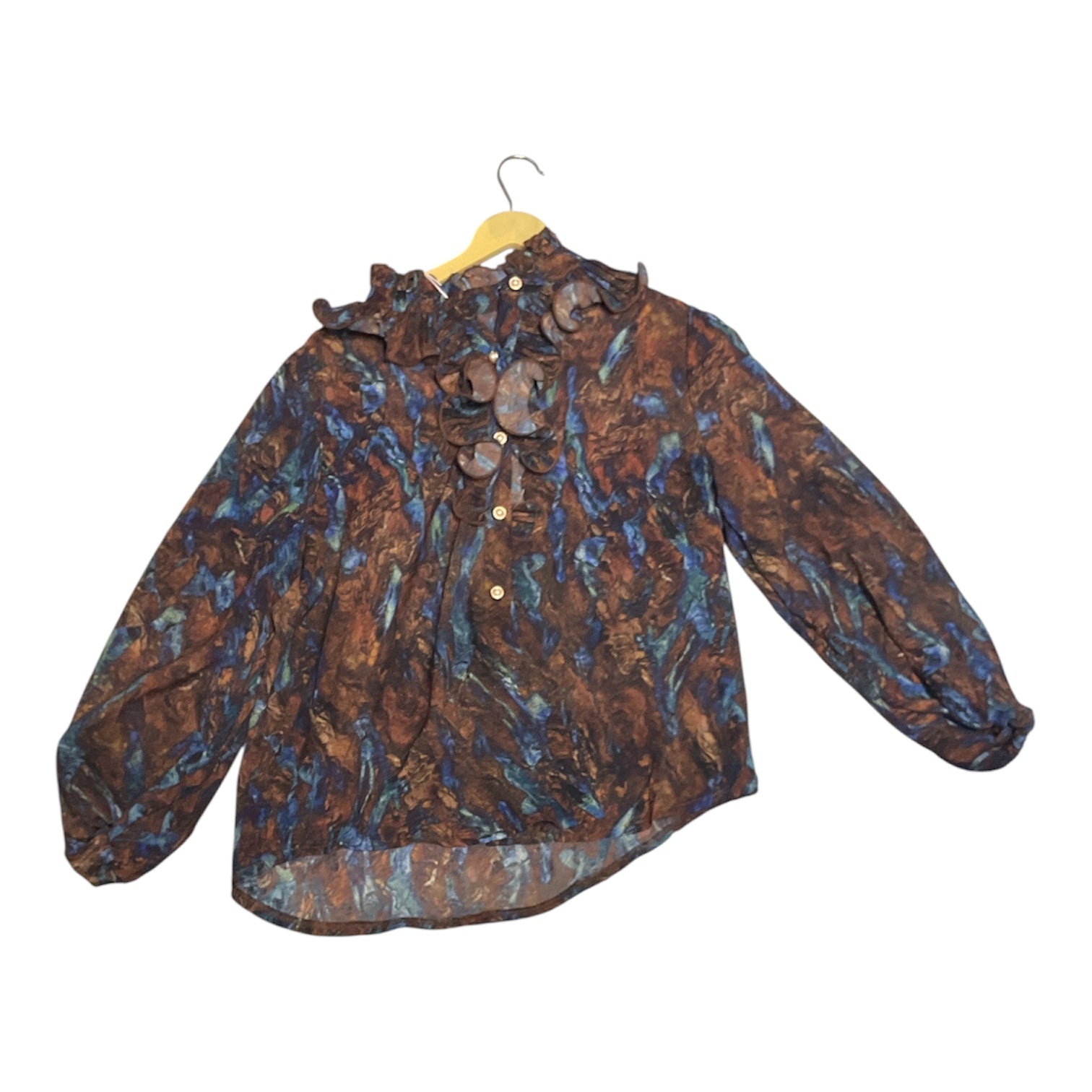 Elegant Abstract Magenta and Gold Ruffled Blouse