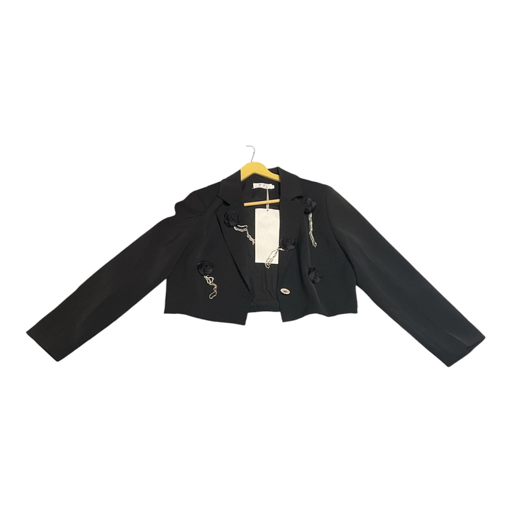 Elegant Cropped Black Blazer with Rose Appliqués and Jeweled Chain Detail