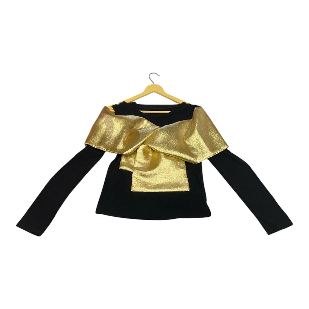 Elegant Black Ribbed Knit Top with Metallic Gold Bow Detail