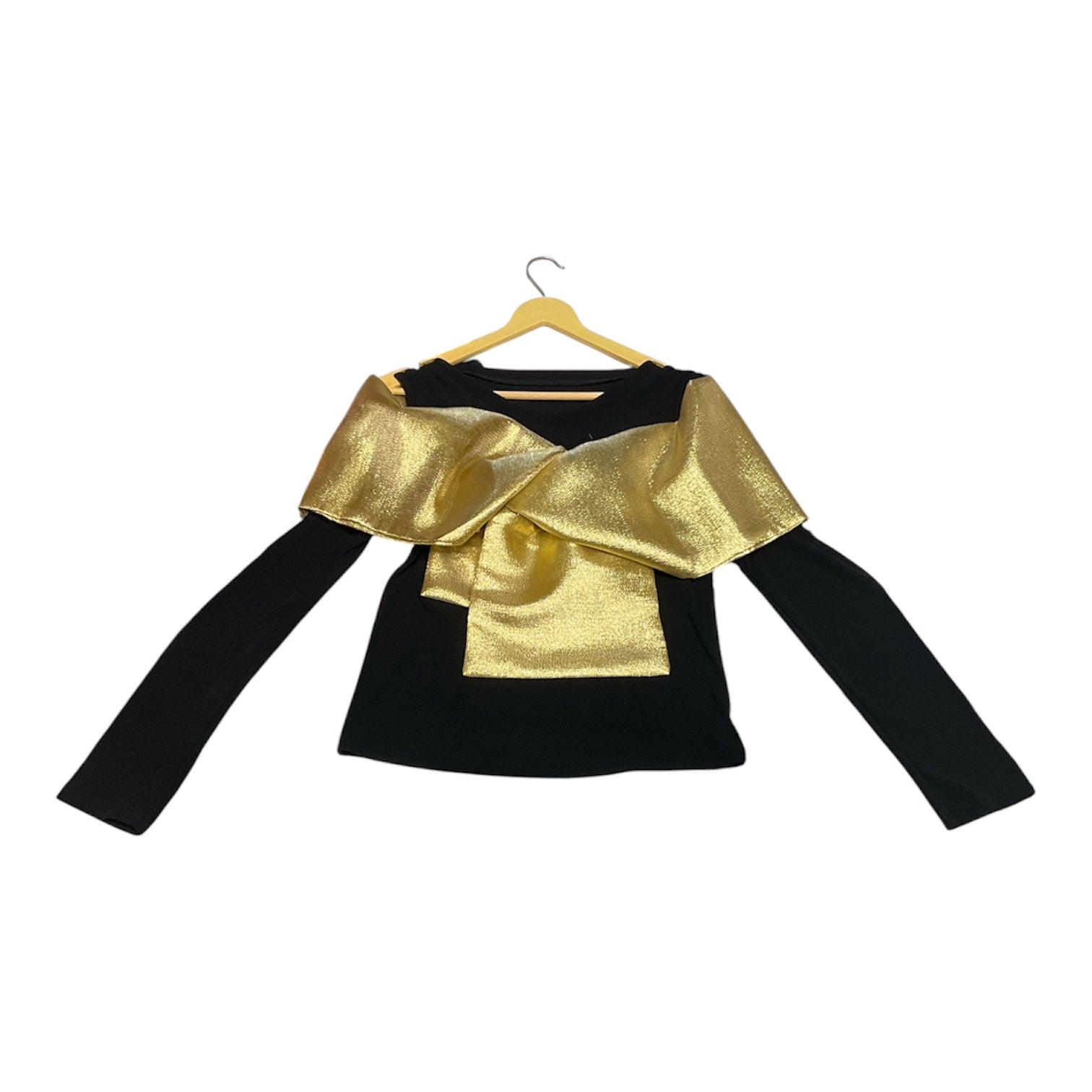Elegant Black Ribbed Knit Top with Metallic Gold Bow Detail