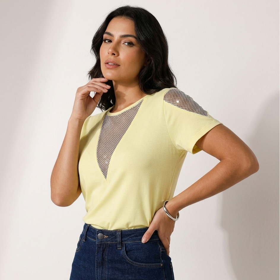 Pastel Yellow Rhinestone Mesh-Accent Tee