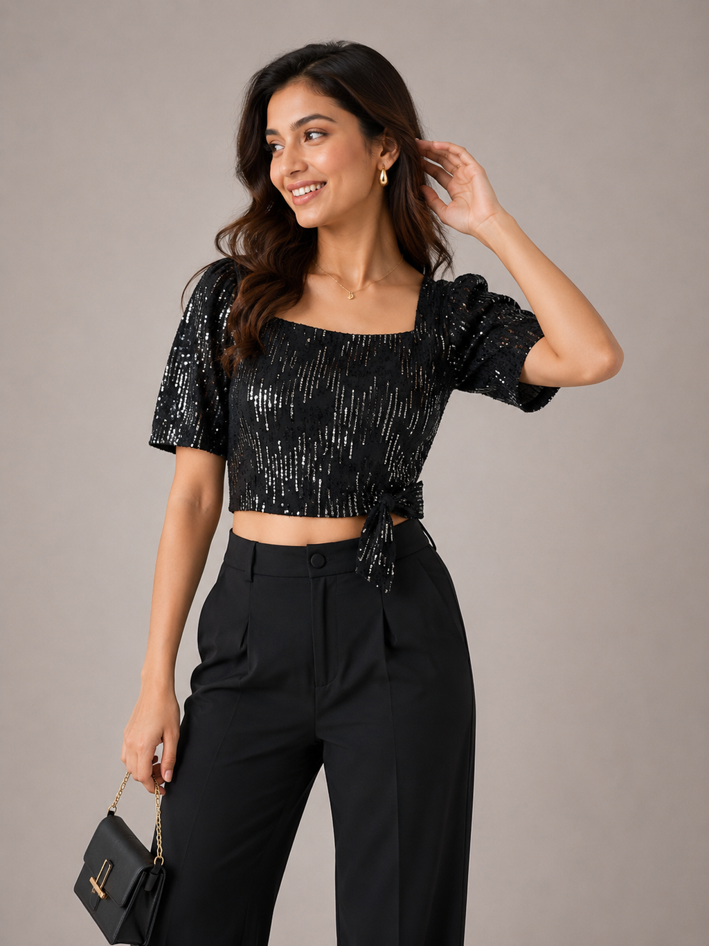 Midnight Spark Sequin Tie-Up Crop Top